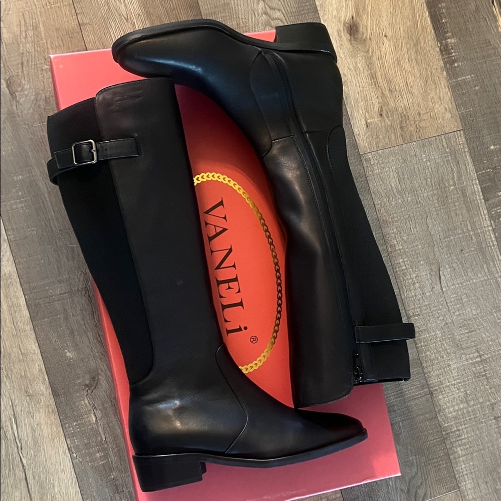 Vaneli Black Knee-High Leather Riding Boots with Buckle